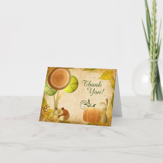 Autumn Golden Woodland Fox n Bunny Fall Thank You Card (Front)