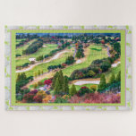 Autumn Golf Course & Ball Jigsaw Puzzle<br><div class="desc">Golf Course photo.  Golf Ball background.  Greens,  pink,  blue,  deep red.</div>