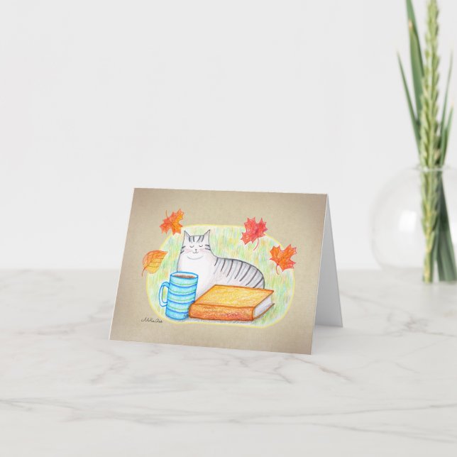 Autumn Gray Tabby Cat with coffee and Book Peace Card (Front)