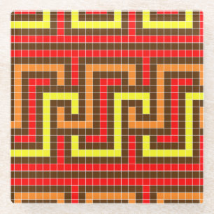 Autumn Greek Key Red Yellow Orange Glass Coaster