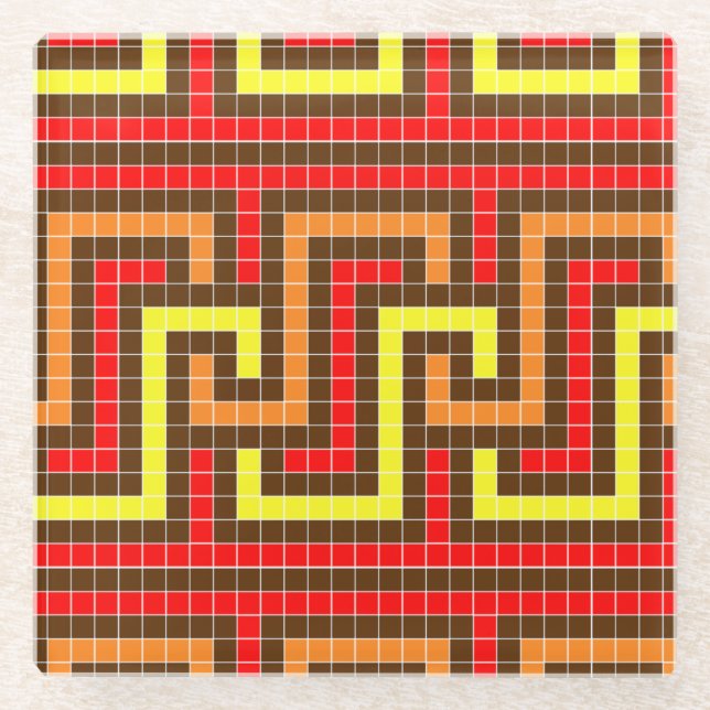 Autumn Greek Key Red Yellow Orange Glass Coaster (Front)