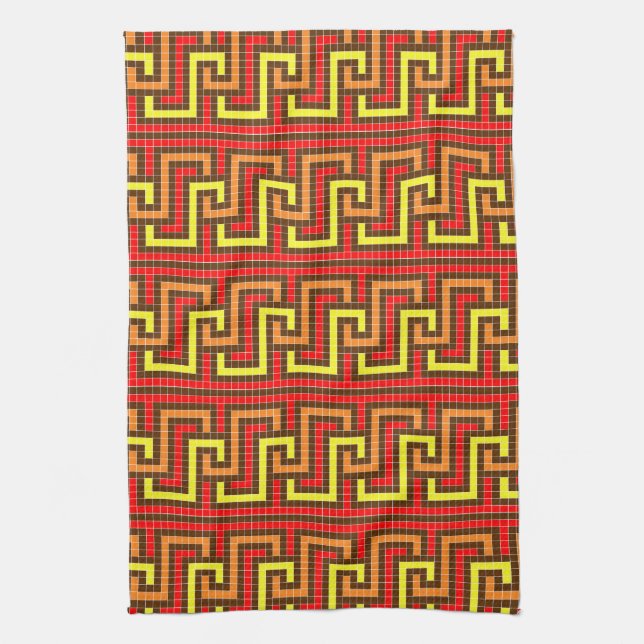 Autumn Greek Key Red Yellow Orange Tea Towel (Vertical)