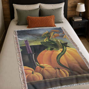 Autumn Green Dragon Pumpkin Halloween Fantasy Throw Blanket