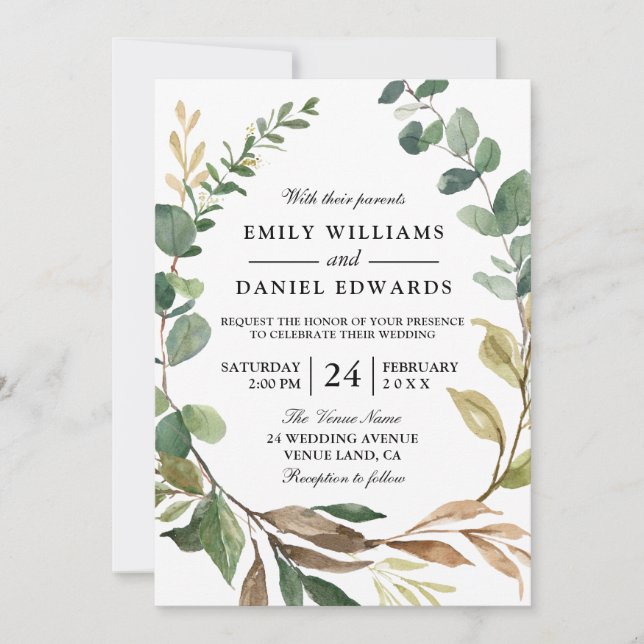 Autumn Green Leaves Wreath Fall Wedding Invitation (Front)