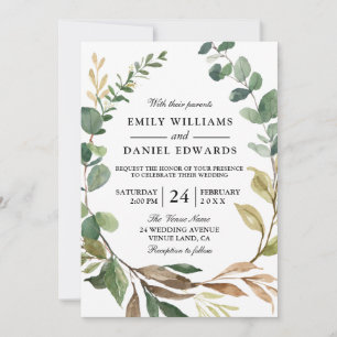 Autumn Green Leaves Wreath Fall Wedding Invitation