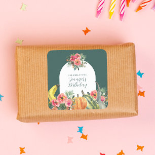 Autumn Green Pumpkins Pink Floral Birthday Party Square Sticker