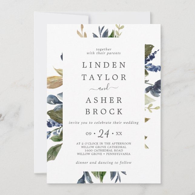 Autumn Greenery Bold Names Wedding Invitation (Front)
