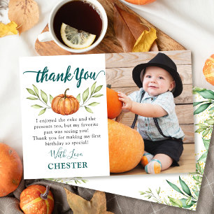 Autumn Greenery Little Pumpkin Fall Birthday Photo Thank You Card