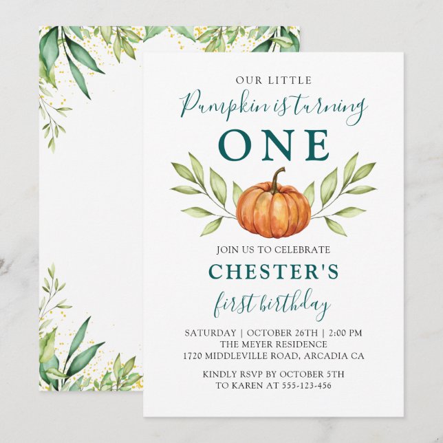 Autumn Greenery Little Pumpkin First Birthday Invitation (Front/Back)