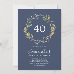 Autumn Greenery   Navy 40th Birthday Invitation