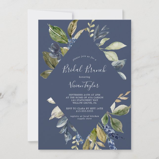 Autumn Greenery | Navy Bridal Brunch Invitation (Front)