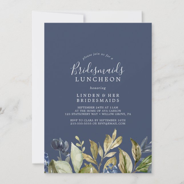 Autumn Greenery Navy Bridesmaids Luncheon Invitation (Front)