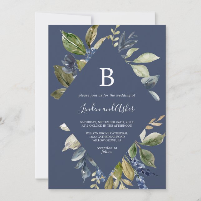 Autumn Greenery | Navy Diamond Monogram Wedding Invitation (Front)
