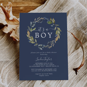 Autumn Greenery   Navy It's A Boy Baby Shower Invitation