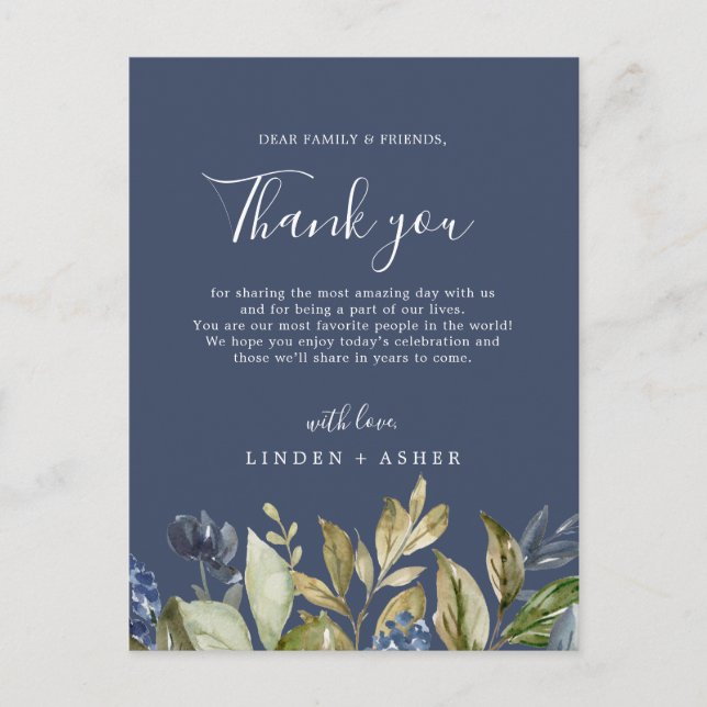 Autumn Greenery | Navy Thank You Reception Card (Front)