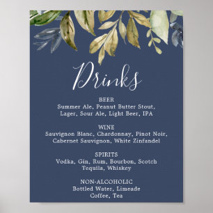 Autumn Greenery   Navy Wedding Drinks Menu Sign