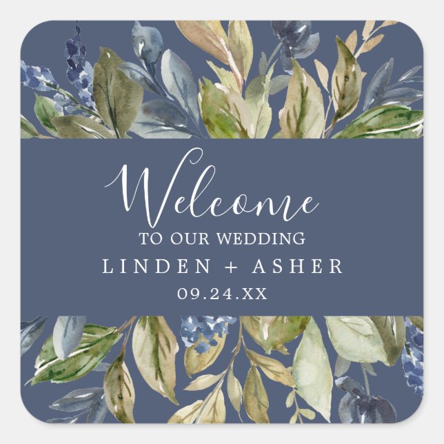 Autumn Greenery | Navy Wedding Welcome Square Sticker (Front)