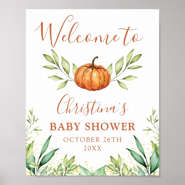 Autumn Greenery Pumpkin Fall Baby Shower Welcome Poster (Front)