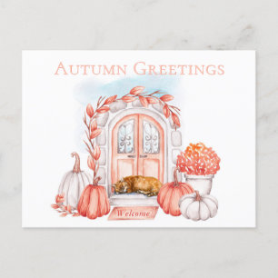 Autumn Greetings Cat on Doorstep Cosy Fall Season Postcard