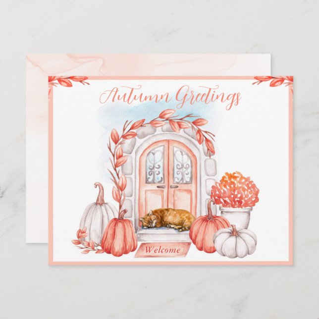 Autumn Greetings, Cat on Doorstep, Pumpkins Card (Front/Back)