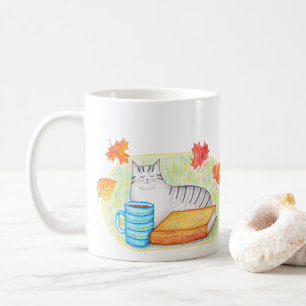 Autumn Grey Cat with Book and Coffee Cat Lover Mug