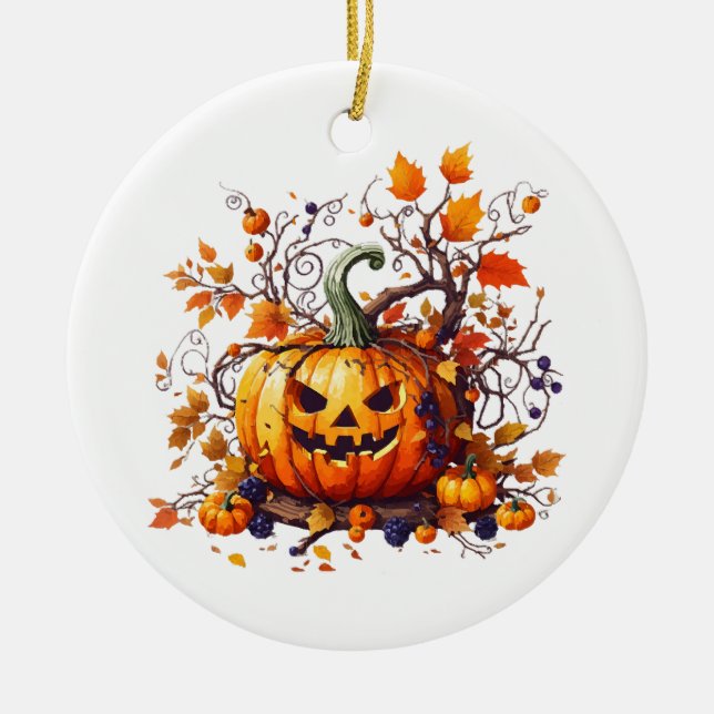 autumn Halloween funny pumpkin Ceramic Tree Decoration (Front)