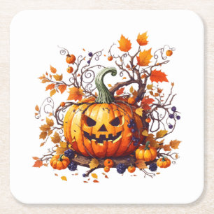 autumn Halloween funny pumpkin Square Paper Coaster