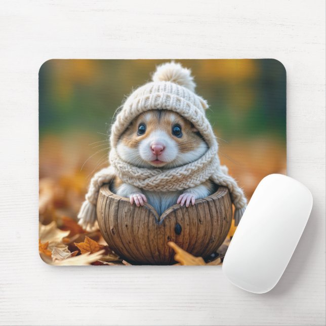 Autumn Hamster In a Walnut Shell Mouse Mat (With Mouse)