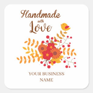 Autumn Handmade With Love With Branches & Bird Square Sticker