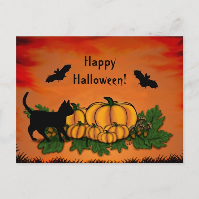 Autumn , Happy Halloween! With Bat and Black Postcard (Front)