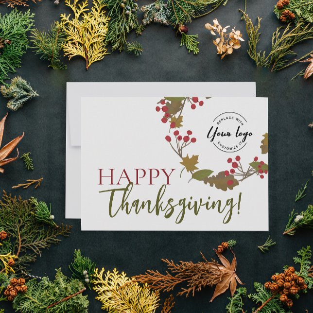 Autumn Happy Thanksgiving Custom logo Fall Foliage Card (Happy thanksgiving flat logo business greeting card.)