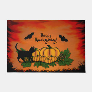 Autumn , Happy Thanksgiving With Bat and Black Cat Doormat