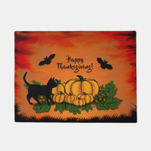 Autumn , Happy Thanksgiving With Bat and Black Cat Doormat