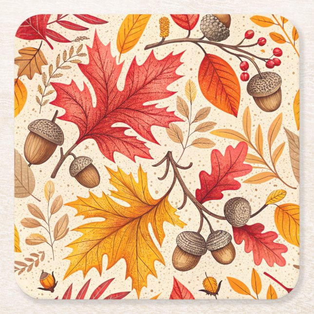 Autumn Harmony: A Colourful Fall Pattern Square Paper Coaster (Front)