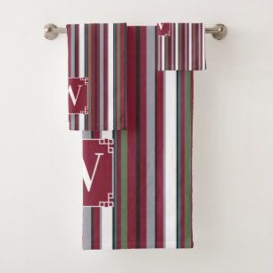 Autumn Harmony Stripes – Burgundy, Green, and Grey Bath Towel Set