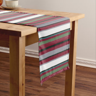 Autumn Harmony Stripes – Burgundy, Green, and Grey Short Table Runner