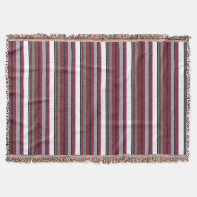 Autumn Harmony Stripes – Burgundy, Green, and Grey Throw Blanket (Front)