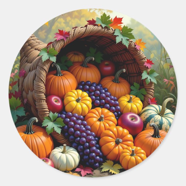 Autumn Harvest and Blessings Cornucopia  Classic Round Sticker (Front)