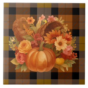 Autumn Harvest Cornucopia On Plaid  Tile