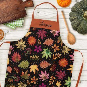 Autumn Harvest Fall Leaves and Foliage Black Name Apron