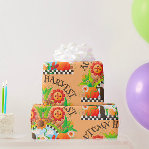 Autumn Harvest Folk Art Pumpkin and Sunflower Fall Wrapping Paper
