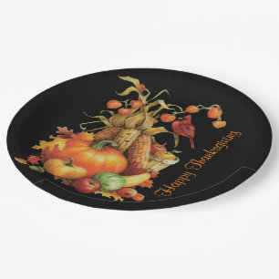 Autumn Harvest Happy Thanksgiving Black Plates