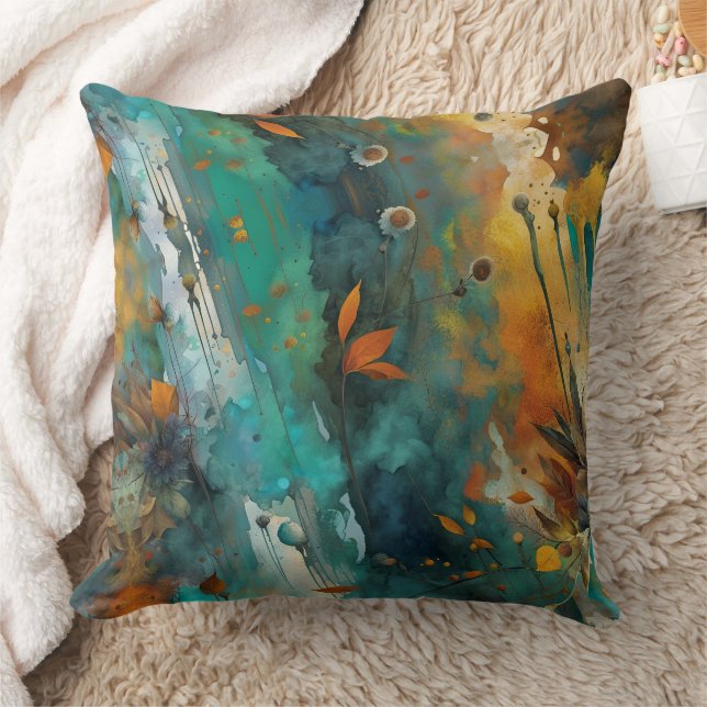 Autumn harvest paint Teal Rust Gold Abstract Cushion (Blanket)