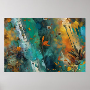 Autumn harvest paint Teal Rust Gold Abstract Poster