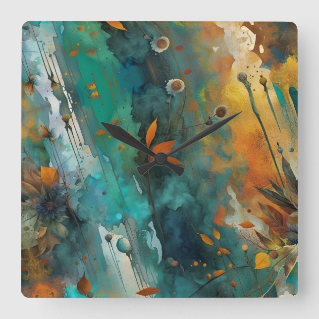 Autumn harvest paint Teal Rust Gold Abstract Square Wall Clock (Front)