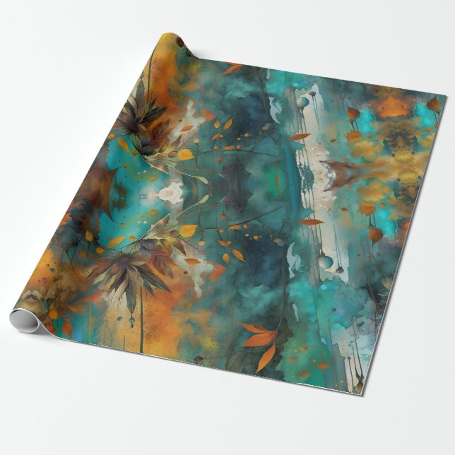 Autumn harvest paint Teal Rust Gold Abstract Wrapping Paper (Unrolled)