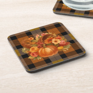 Autumn Harvest Plaid And Cornucopia Coaster
