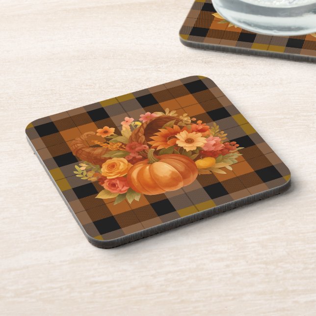 Autumn Harvest Plaid And Cornucopia  Coaster (Left Side)