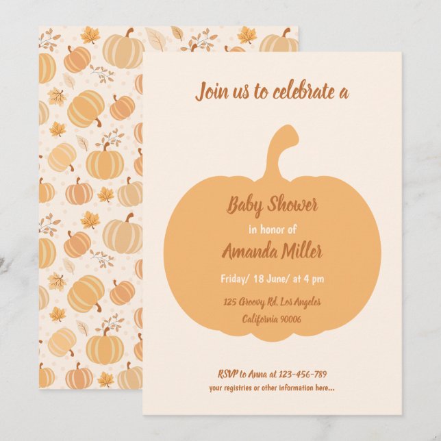 Autumn Harvest Pumpkin and Leaf Pastel Baby Shower Invitation (Front/Back)