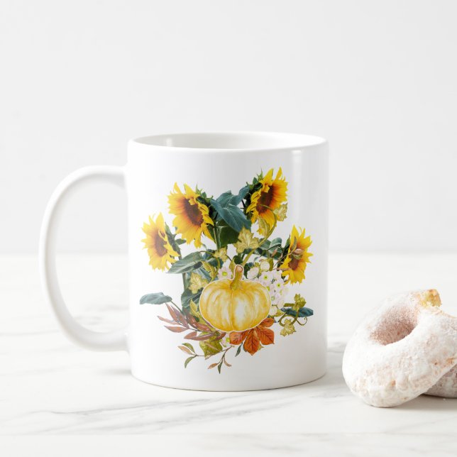 Autumn Harvest Pumpkin and Sunflowers  Coffee Mug (With Donut)